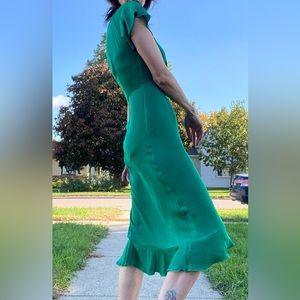Emerald green silk wrap midi dress